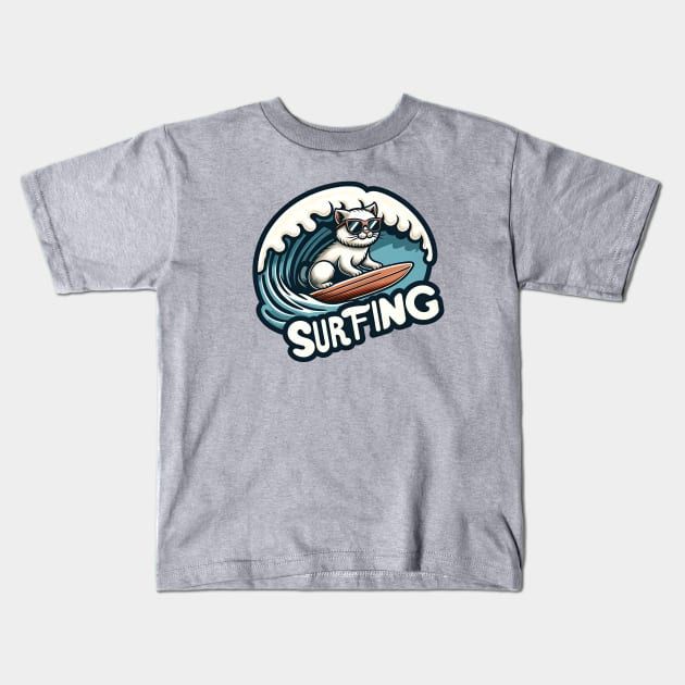 cat surfing ocean wave Kids T-Shirt by Dracoola